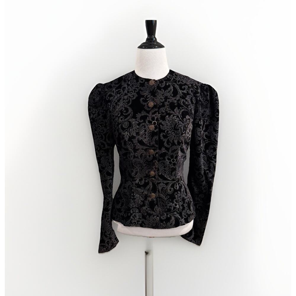 Gunne Sax Black and Gray Brocade Blazer